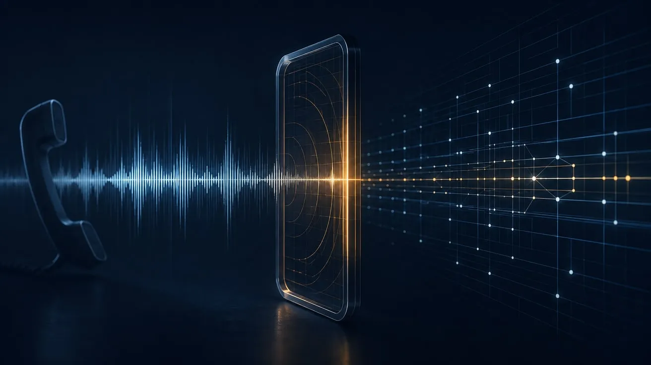 A telephone handset beside a voice waveform passing through a lit panel and turning into a grid of data points.